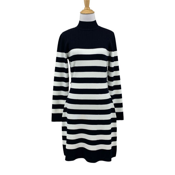 Karen Millen Dress Womens M Medium Petite Black White Stripe Ribbed Knit Mock - Picture 1 of 16